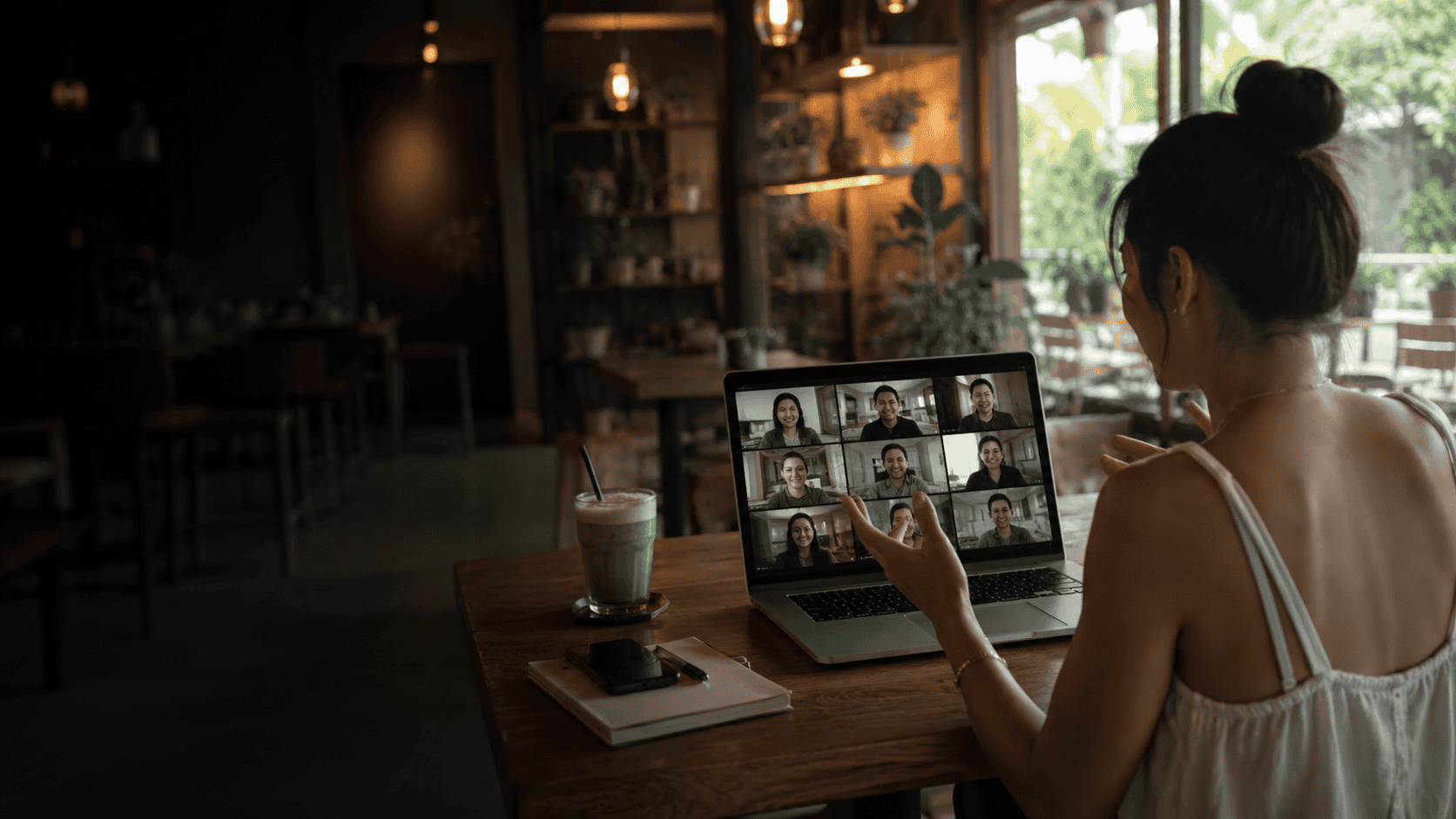 Digital nomad on a video call from a warmly lit café